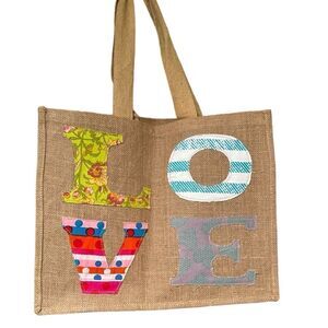 Dovetail BOHO Tote “Love” Burlap Purse Shopping Bag The Raffia Reusable Bag